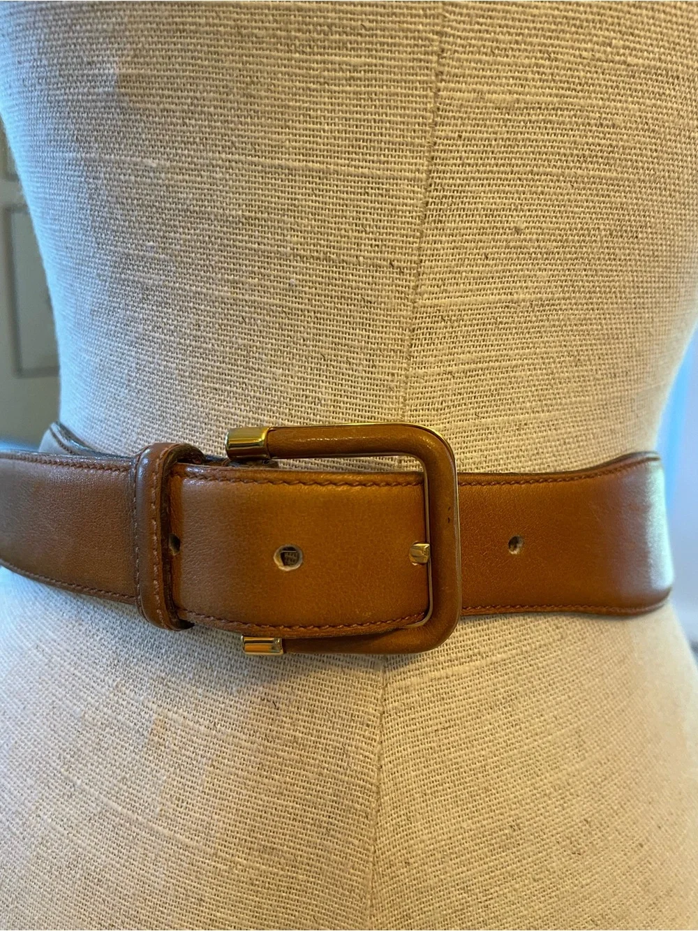 Longhi per Mirella Tan Italian Leather Belt with Leather Covered Gold Buckle